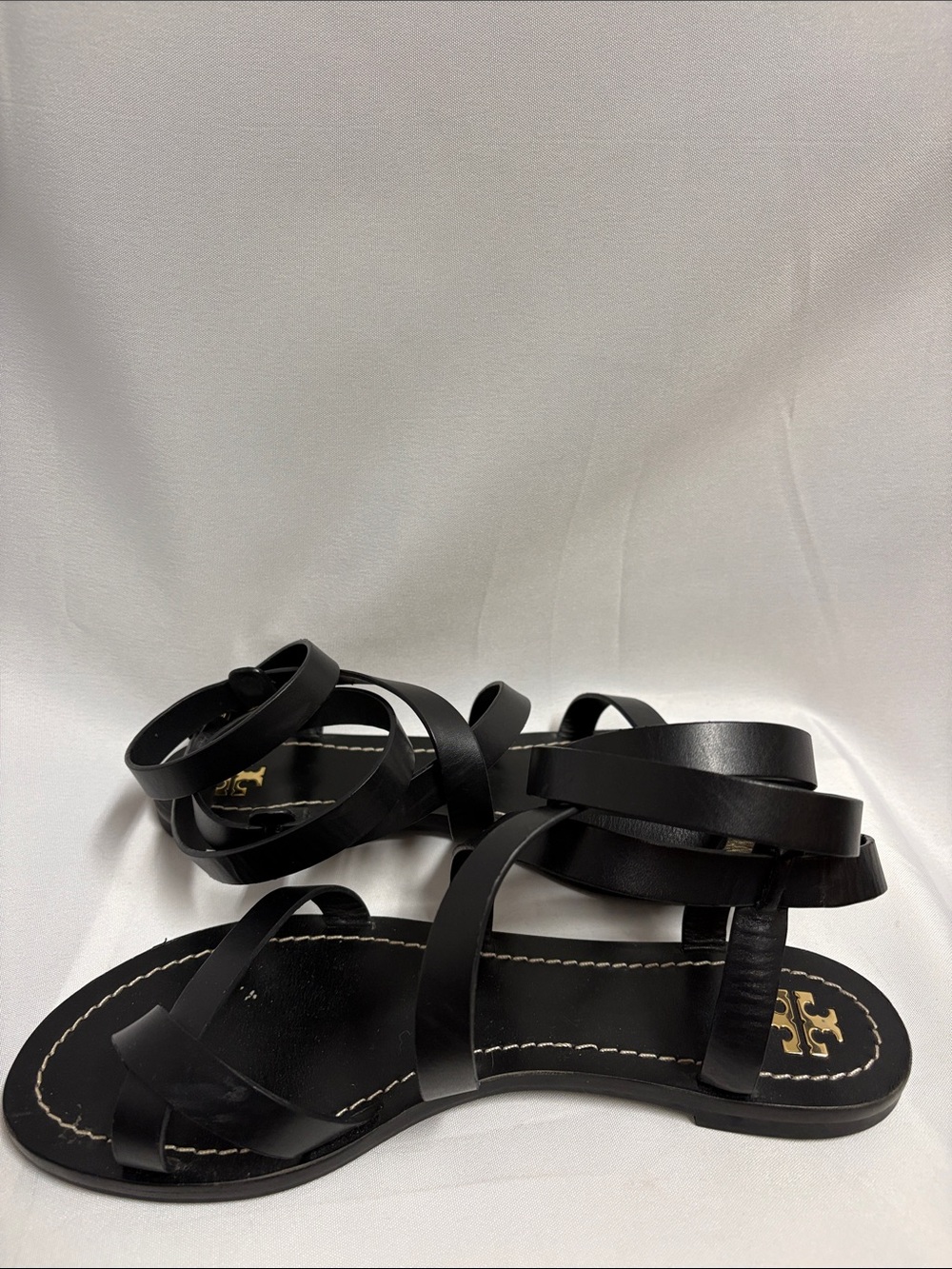 Tory Burch Patos Leather Wrap Around Gladiator Sandals Black Size 10.5 - Picture 3 of 6